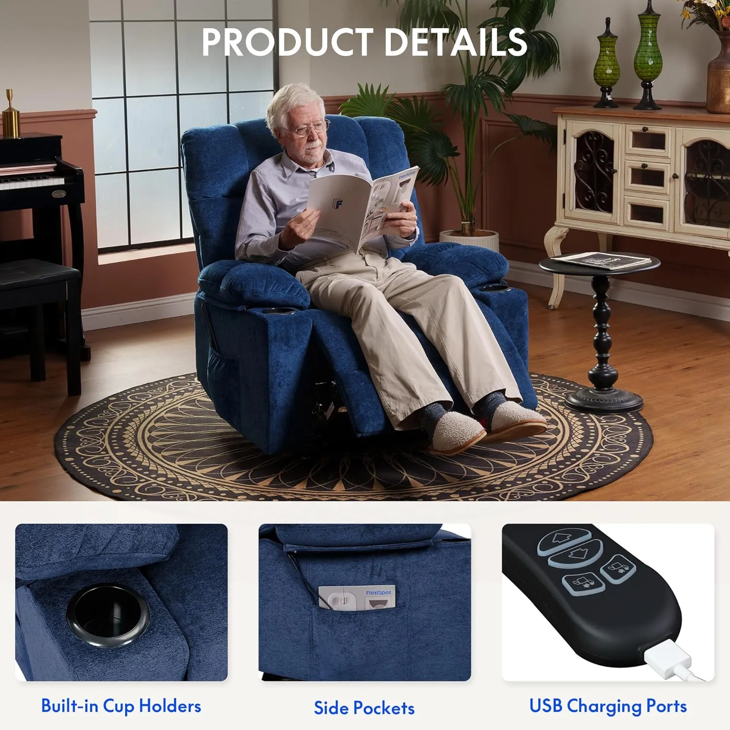 FLEXISPOT XL5 Dual OKIN Motor Power Lift Recliner Chair for Elderly, Lay Flat Electric Recliner with Massage & Heat, USB Ports, Fabric Reclining Sofa for Living Room Bedroom, Blue