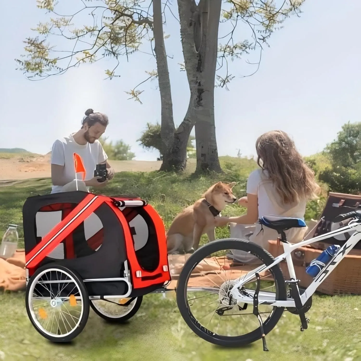 Folding Dog Bike Trailer, Wagon Cargo Carrier for Travel with Universal Hitch, 3 Doors, Safety Flag, Easy to Connect & Disconnect
