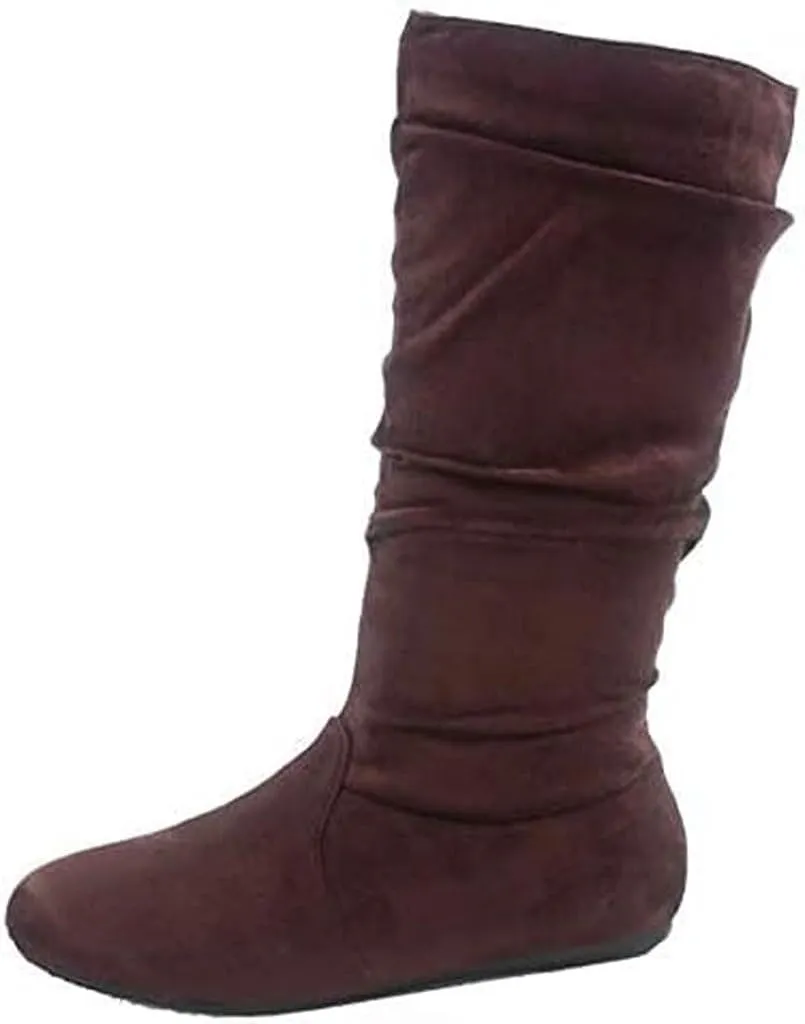 Forever Womens Round Toe Slouch Vegan Comfy Flat Mid Calf Tall Boots