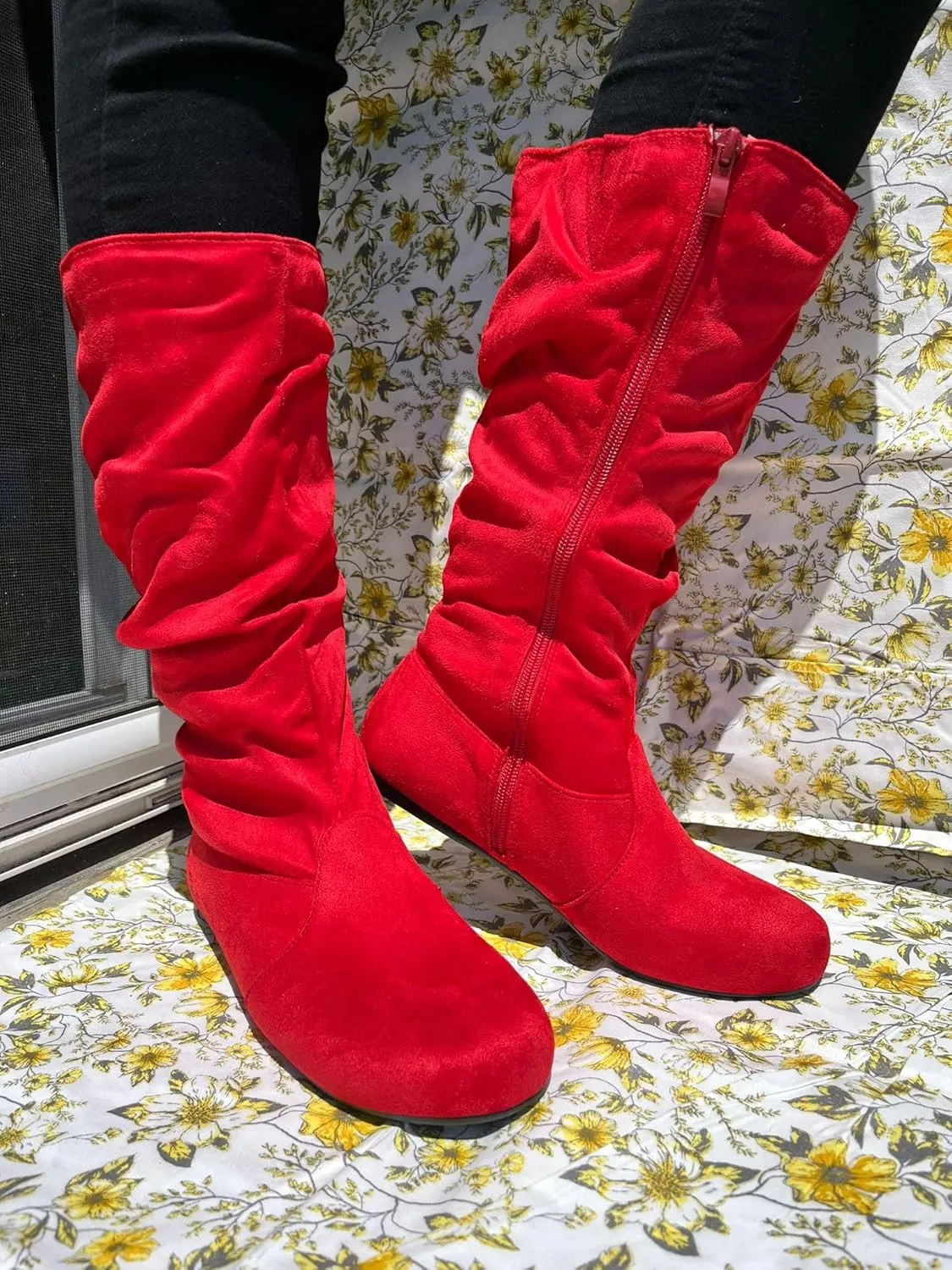 Forever Womens Round Toe Slouch Vegan Comfy Flat Mid Calf Tall Boots