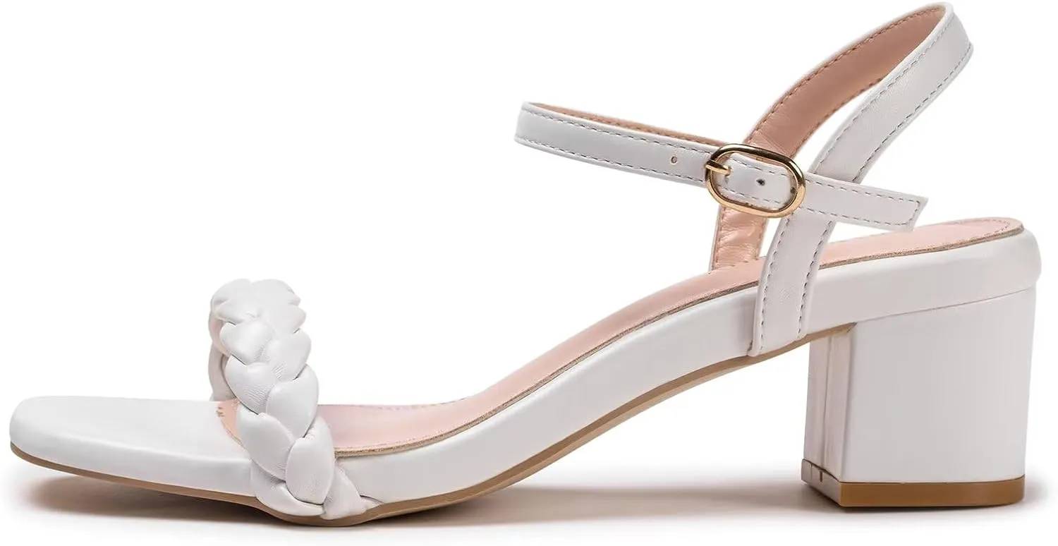 Frank Mully Women's Braided Sandal Heels Ankle Strap Comfortable Blocked Heeled Sandals Square Open Toe Cute Prom Pump Sandals Shoes