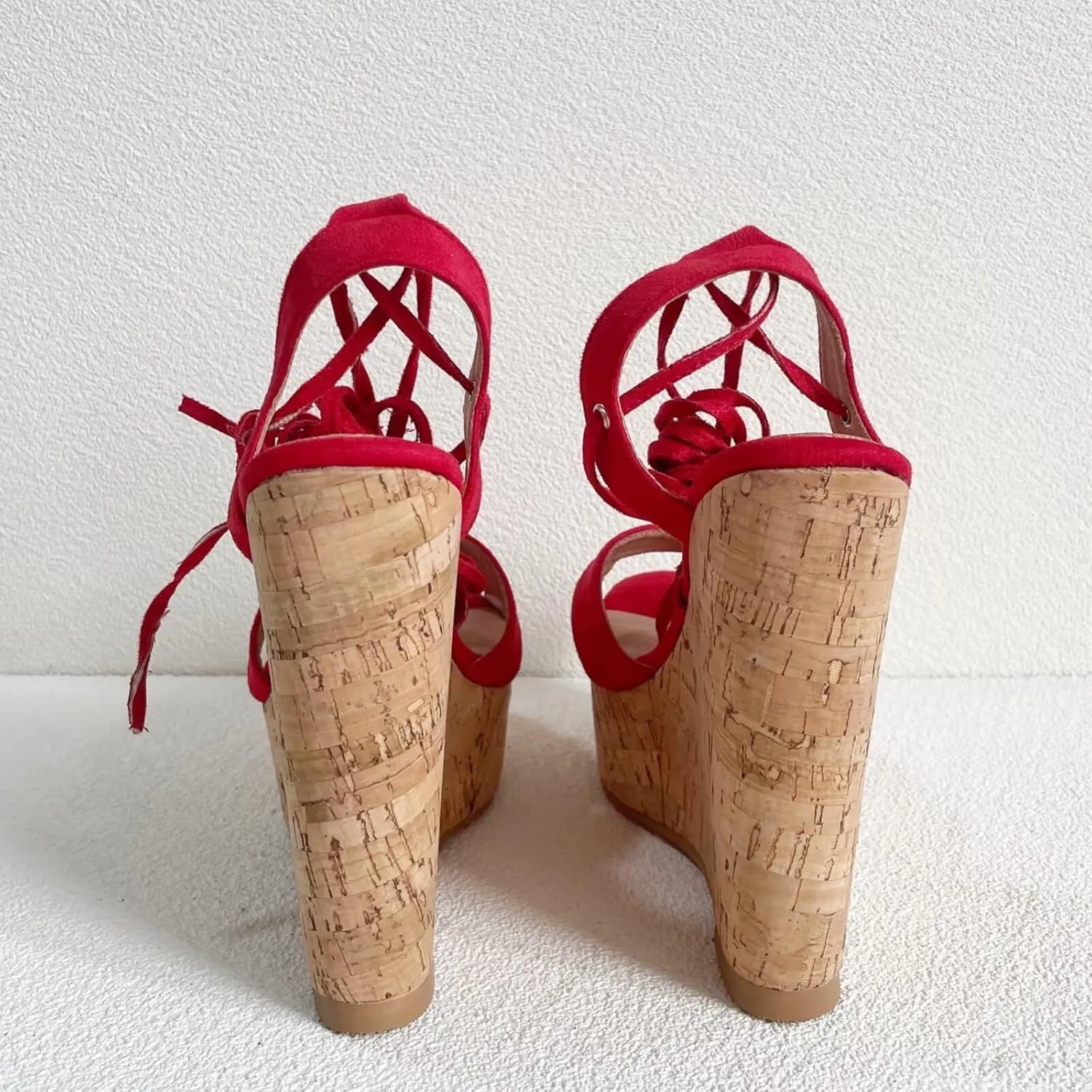 Frankie Hsu Sexy Platform Oak Wood Wedge Sandal, Red Faux Suede Leg Strap Lace Up High heeled Style, Large Big Size Shoes For Women