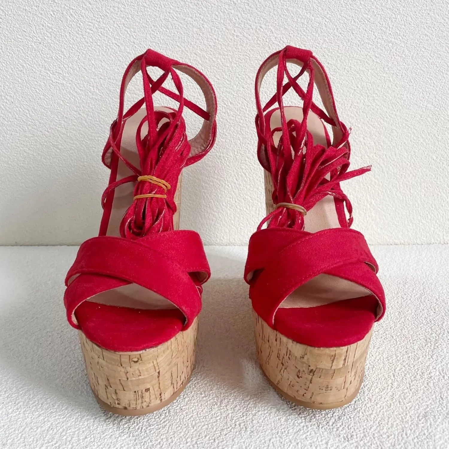 Frankie Hsu Sexy Platform Oak Wood Wedge Sandal, Red Faux Suede Leg Strap Lace Up High heeled Style, Large Big Size Shoes For Women