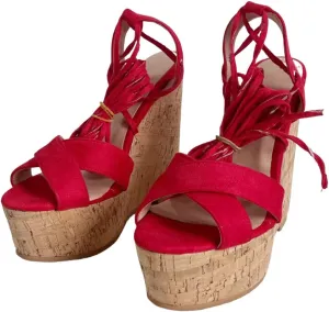 Frankie Hsu Sexy Platform Oak Wood Wedge Sandal, Red Faux Suede Leg Strap Lace Up High heeled Style, Large Big Size Shoes For Women