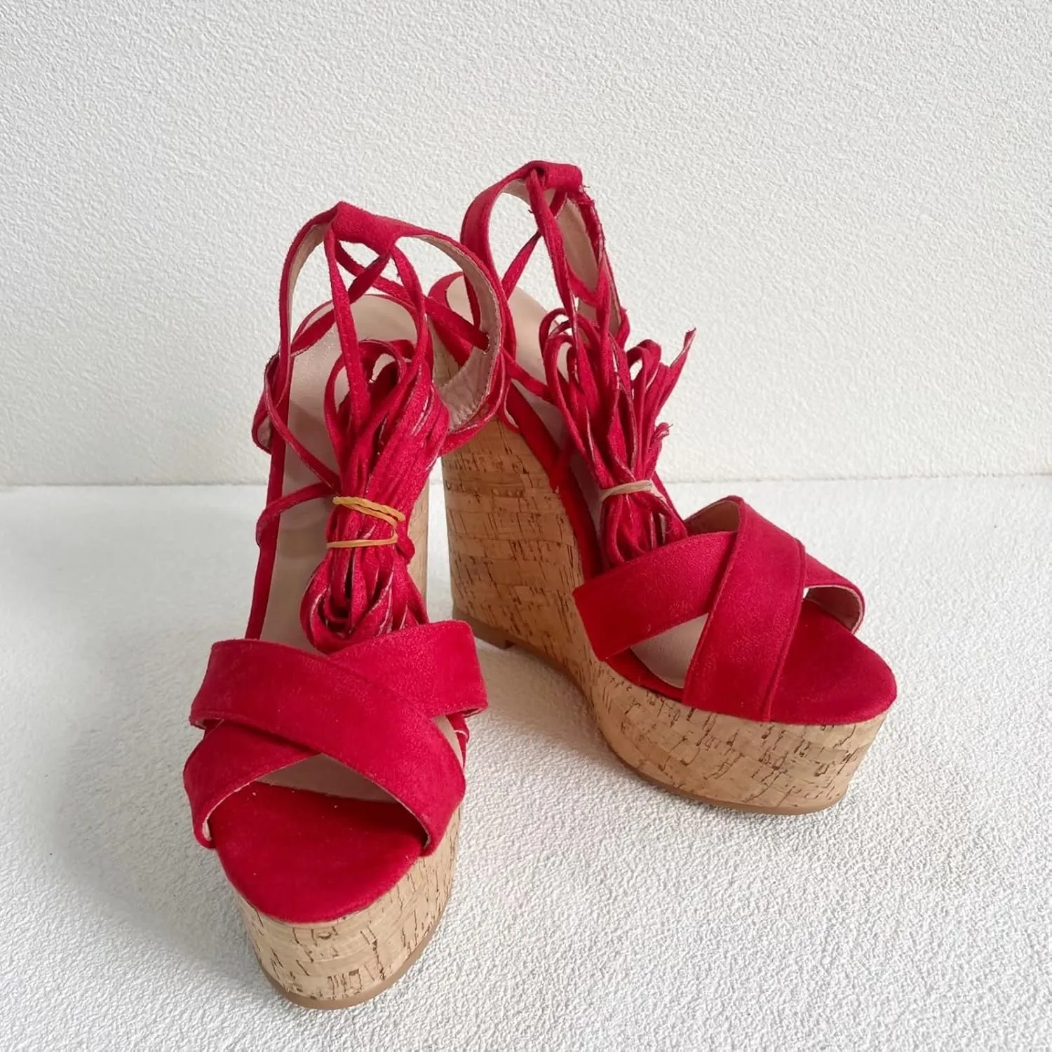 Frankie Hsu Sexy Platform Oak Wood Wedge Sandal, Red Faux Suede Leg Strap Lace Up High heeled Style, Large Big Size Shoes For Women