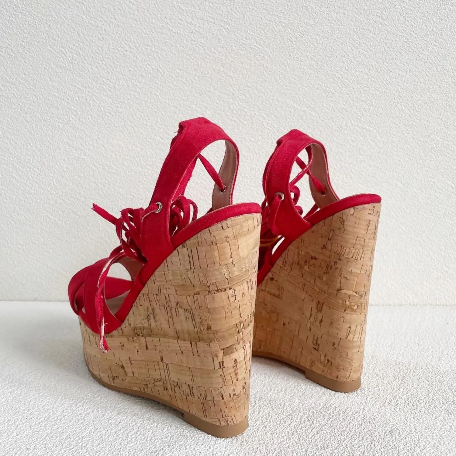 Frankie Hsu Sexy Platform Oak Wood Wedge Sandal, Red Faux Suede Leg Strap Lace Up High heeled Style, Large Big Size Shoes For Women