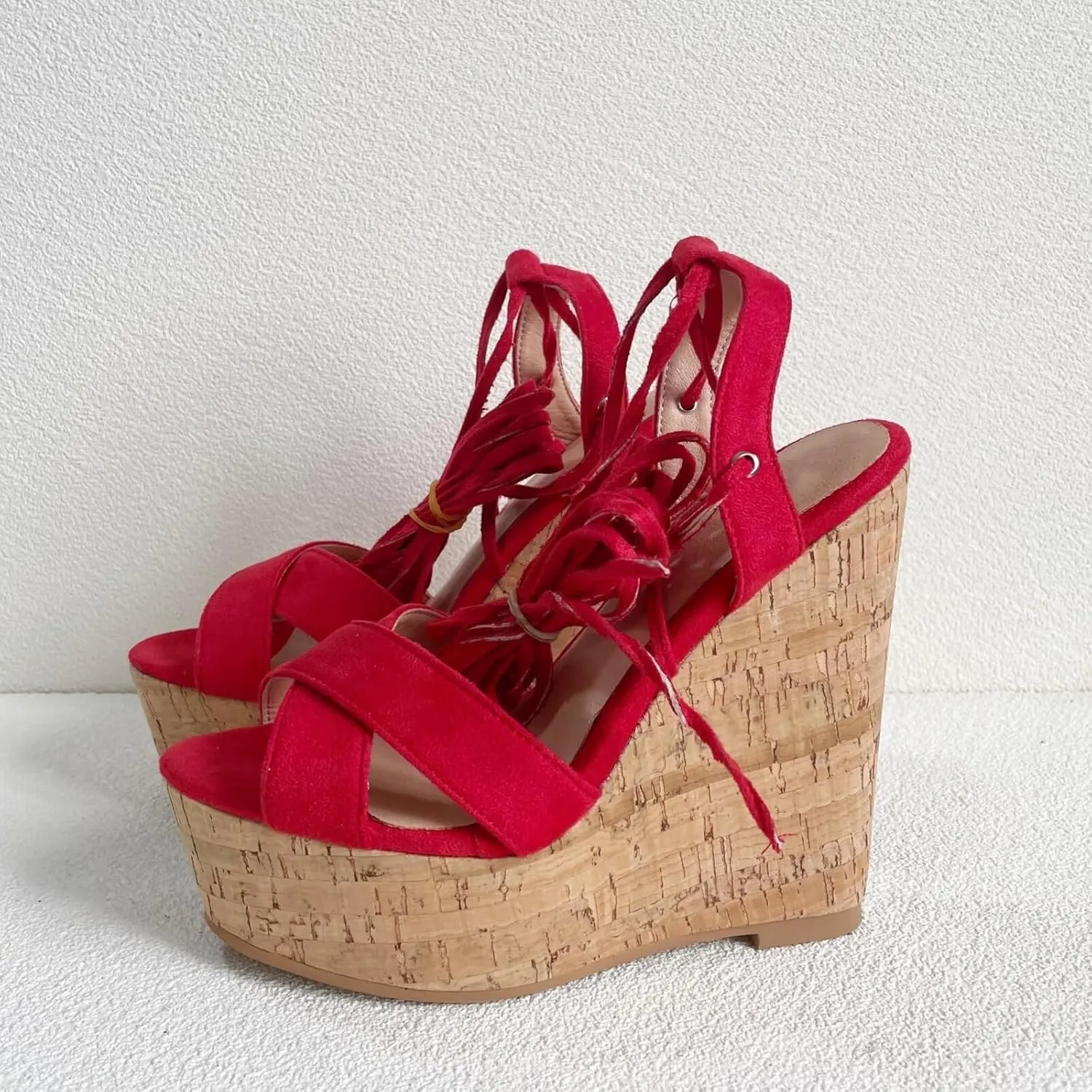 Frankie Hsu Sexy Platform Oak Wood Wedge Sandal, Red Faux Suede Leg Strap Lace Up High heeled Style, Large Big Size Shoes For Women