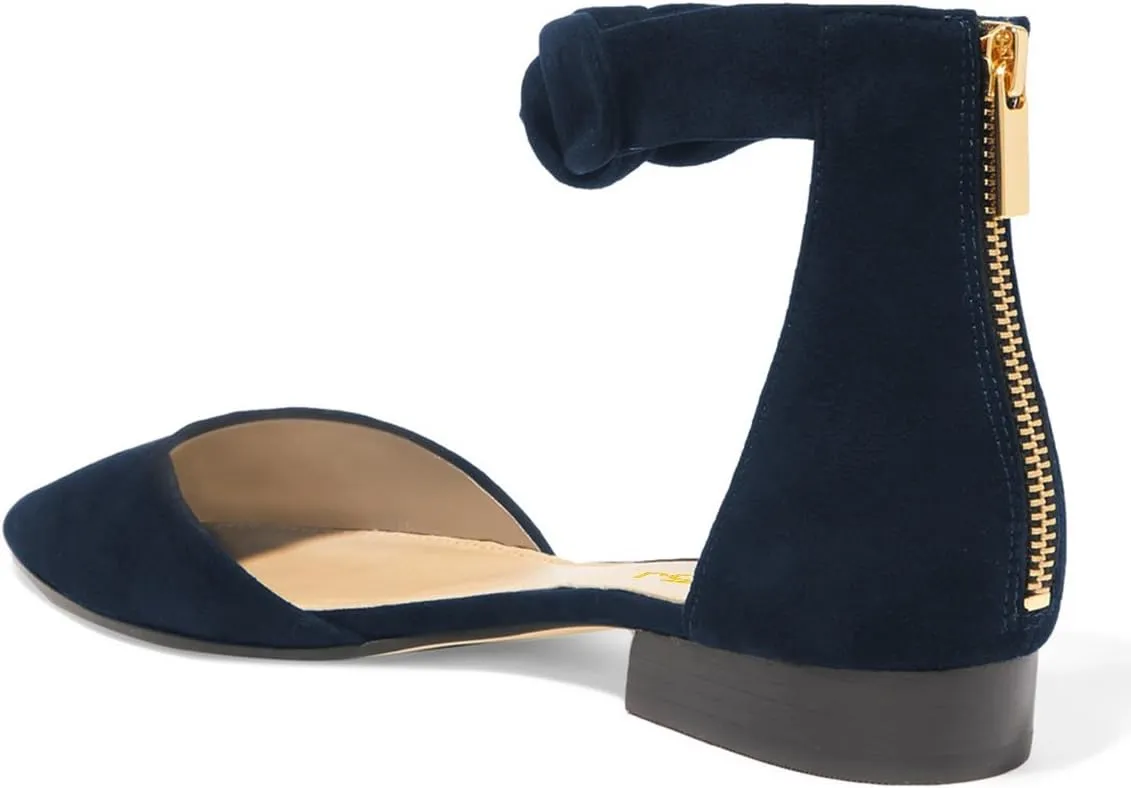 FSJ Women Classic Pointy Toe Ankle Strap D'Orsay Flats Zipper Comfortable Walking Shoes Size 4-15 US