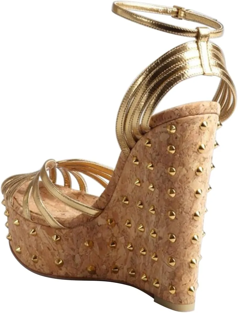 FSJ Women Rivet Studded Wedges Sandals Platform Cork High Heel Peep Toe Ankle Strap Buckle Sexy Strappy Party Shoes Size 4-16 US