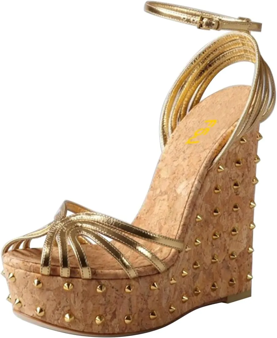 FSJ Women Rivet Studded Wedges Sandals Platform Cork High Heel Peep Toe Ankle Strap Buckle Sexy Strappy Party Shoes Size 4-16 US