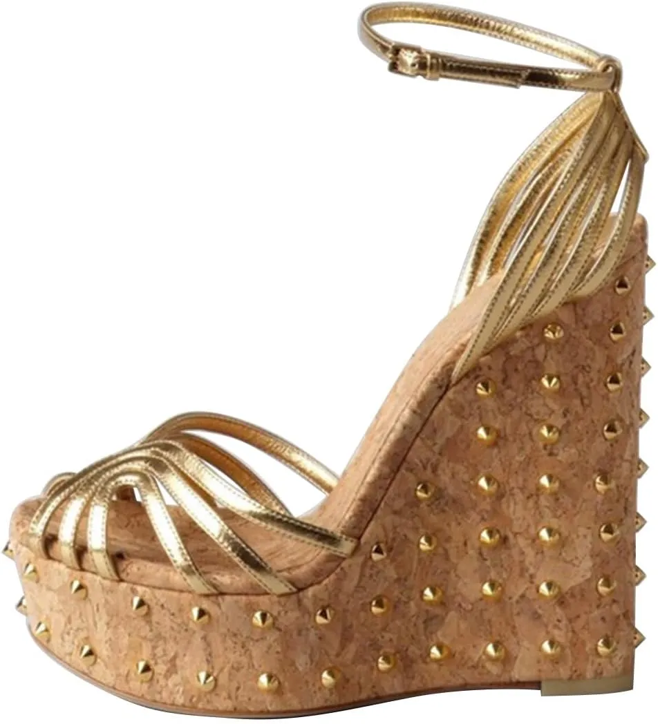 FSJ Women Rivet Studded Wedges Sandals Platform Cork High Heel Peep Toe Ankle Strap Buckle Sexy Strappy Party Shoes Size 4-16 US
