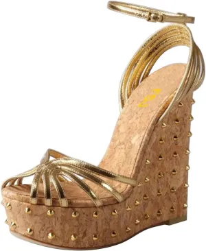 FSJ Women Rivet Studded Wedges Sandals Platform Cork High Heel Peep Toe Ankle Strap Buckle Sexy Strappy Party Shoes Size 4-16 US