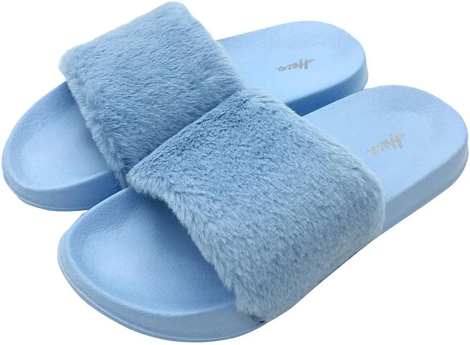 FUNKYMONKEY Women's Slides Faux Fur Cute Fuzzy Slippers Comfort Flat Sandals