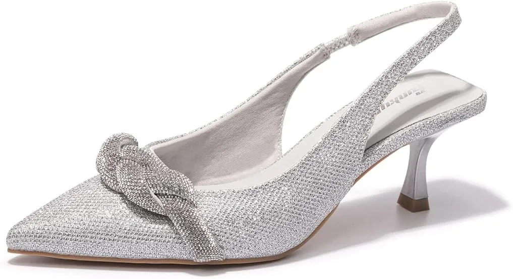 FUNKYMONKEY Women's Slingback Pumps Shoes, Elastic Strap Pointed Toe Kitten Heel Dress Wedding Party Shoes