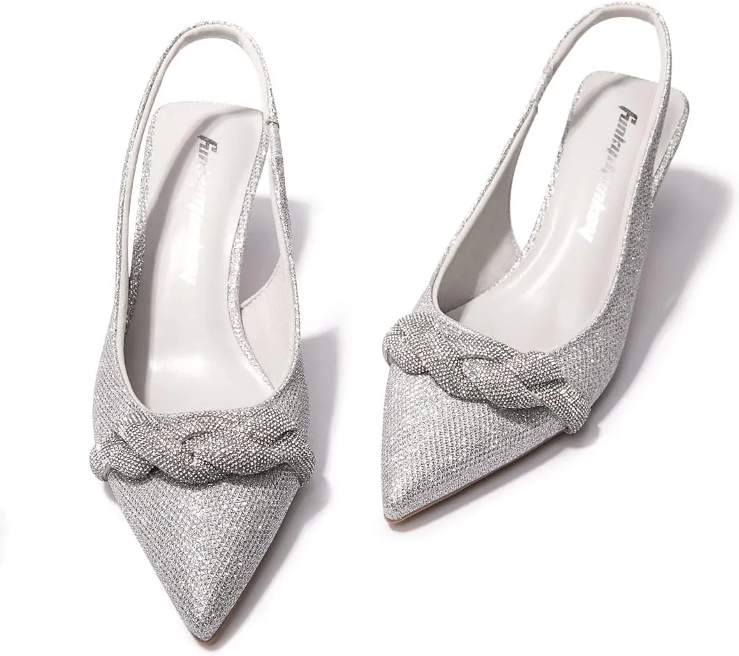 FUNKYMONKEY Women's Slingback Pumps Shoes, Elastic Strap Pointed Toe Kitten Heel Dress Wedding Party Shoes