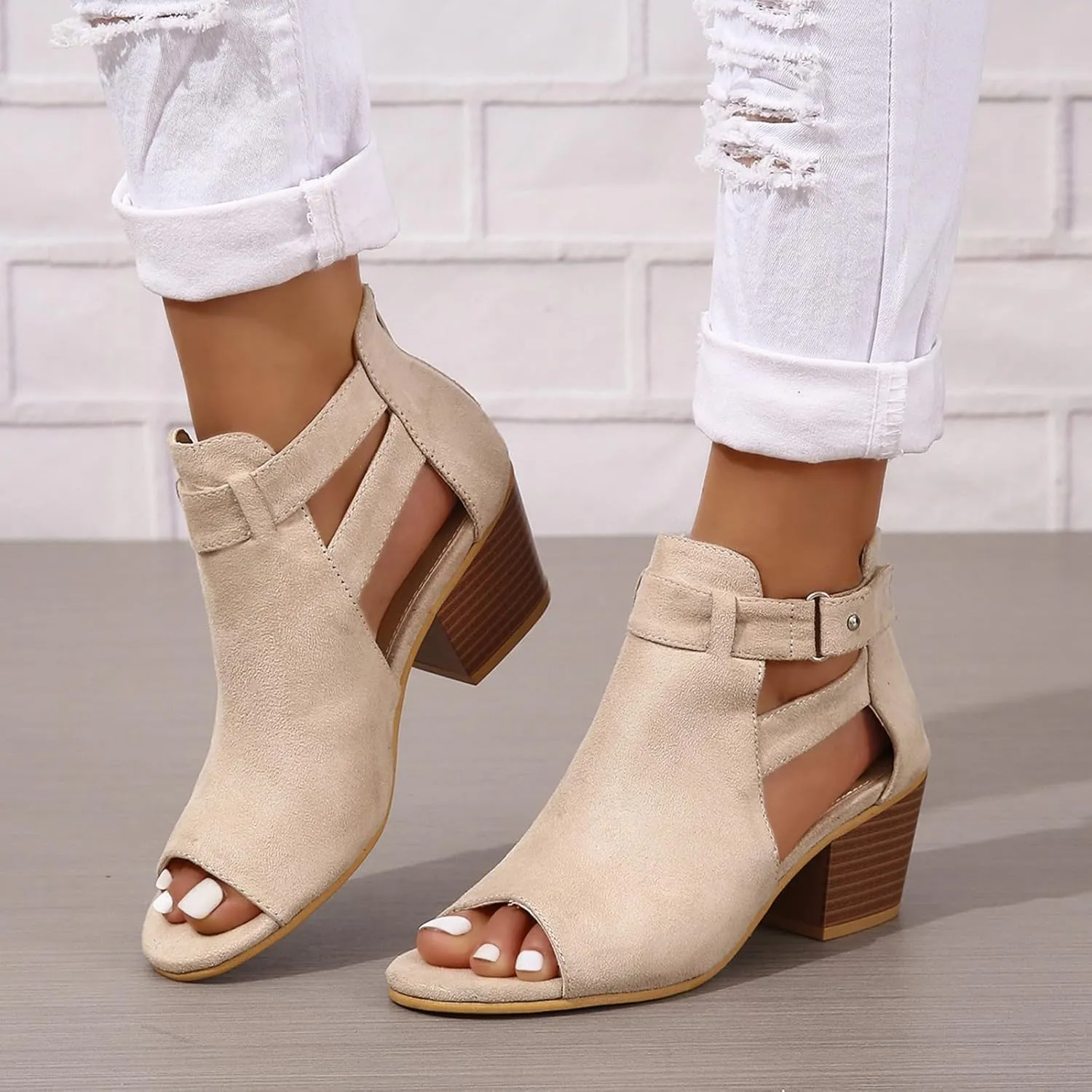 Generic Womens Peep Toe Ankle Booties Chunky Heels Suede Side Cutout Back Zipper Sandals Ankle Strap Dressy Sandals