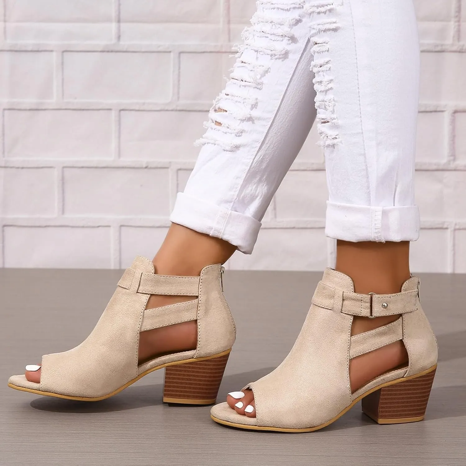 Generic Womens Peep Toe Ankle Booties Chunky Heels Suede Side Cutout Back Zipper Sandals Ankle Strap Dressy Sandals
