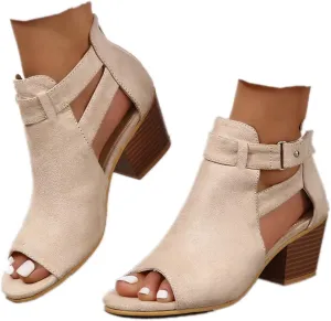 Generic Womens Peep Toe Ankle Booties Chunky Heels Suede Side Cutout Back Zipper Sandals Ankle Strap Dressy Sandals
