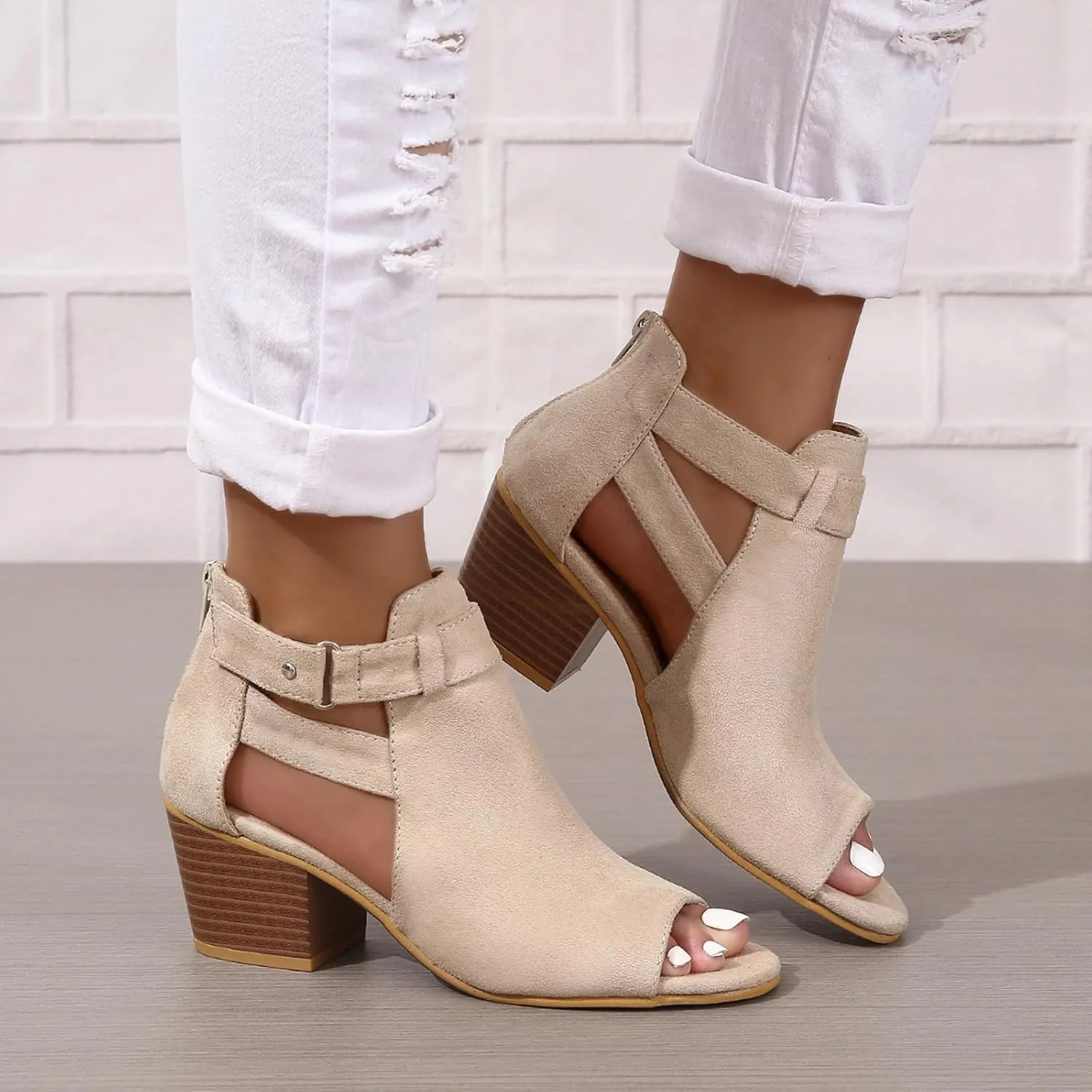 Generic Womens Peep Toe Ankle Booties Chunky Heels Suede Side Cutout Back Zipper Sandals Ankle Strap Dressy Sandals