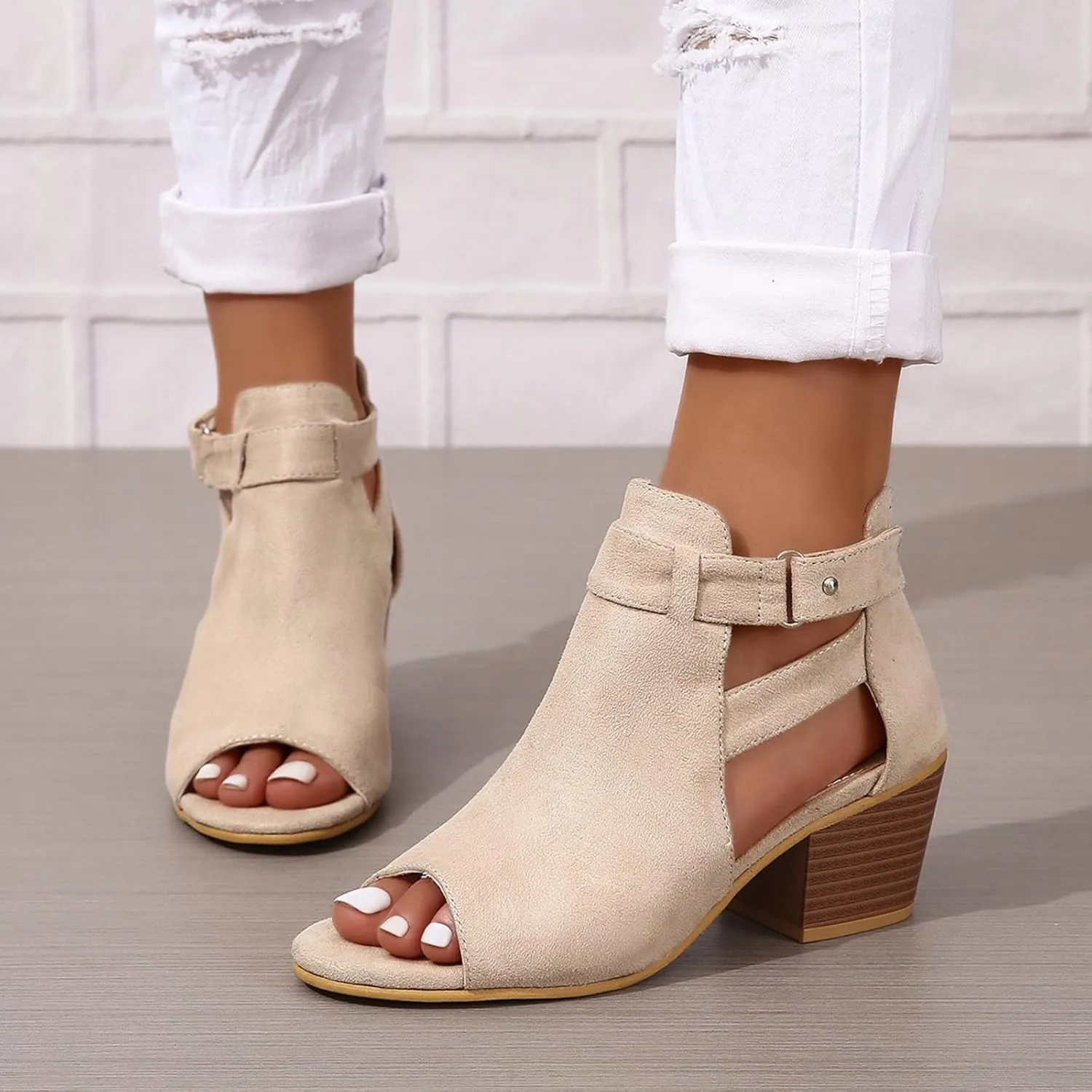 Generic Womens Peep Toe Ankle Booties Chunky Heels Suede Side Cutout Back Zipper Sandals Ankle Strap Dressy Sandals