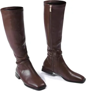 GENSHUO Knee High Boots for Women Comfy Flat Heel Vintage Square Toe Fall Winter Solid Side Zipper Costume Knight Booties