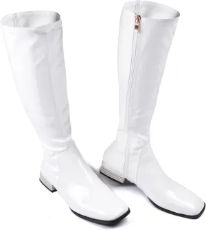 GENSHUO Knee High Boots for Women Comfy Flat Heel Vintage Square Toe Fall Winter Solid Side Zipper Costume Knight Booties