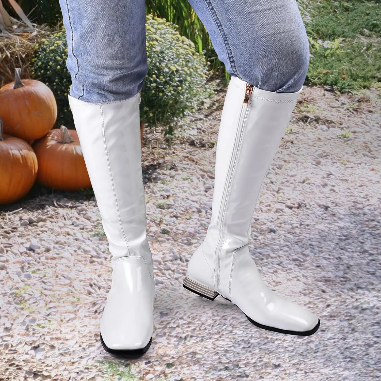 GENSHUO Knee High Boots for Women Comfy Flat Heel Vintage Square Toe Fall Winter Solid Side Zipper Costume Knight Booties