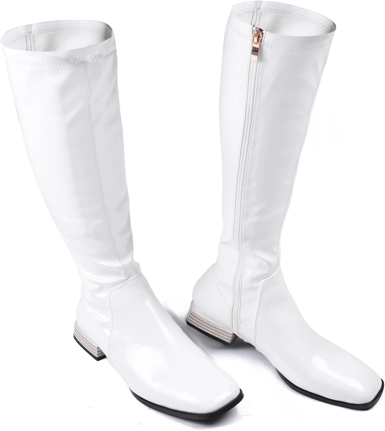 GENSHUO Knee High Boots for Women Comfy Flat Heel Vintage Square Toe Fall Winter Solid Side Zipper Costume Knight Booties