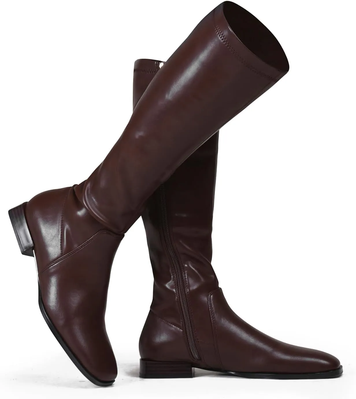 GENSHUO Knee High Boots for Women Comfy Flat Heel Vintage Square Toe Fall Winter Solid Side Zipper Costume Knight Booties