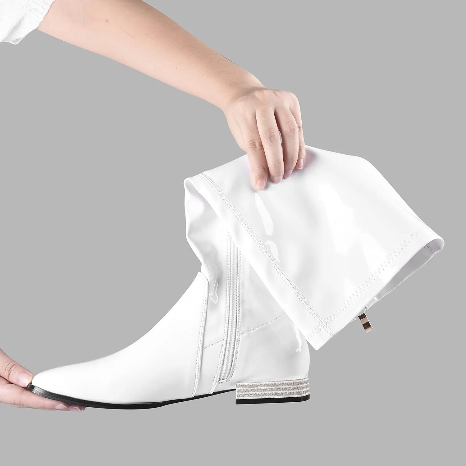 GENSHUO Knee High Boots for Women Comfy Flat Heel Vintage Square Toe Fall Winter Solid Side Zipper Costume Knight Booties