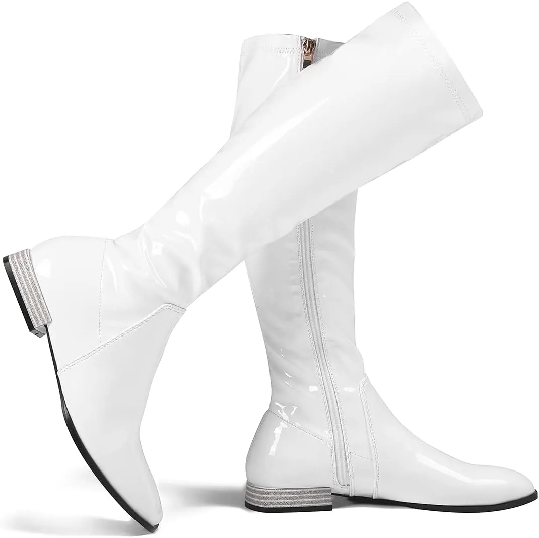 GENSHUO Knee High Boots for Women Comfy Flat Heel Vintage Square Toe Fall Winter Solid Side Zipper Costume Knight Booties