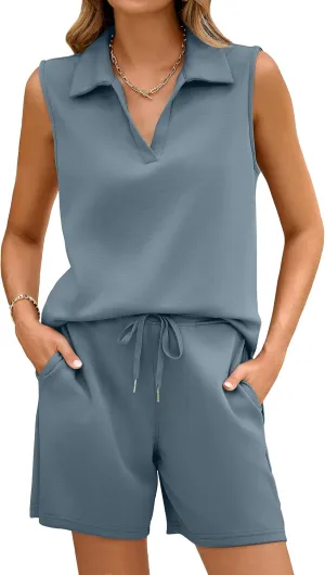 Glamaker Womens Two Piece Short Sets Summer V Neck Travel Outfits Sweatsuits Sleeveless Lounge Sets Tracksuit