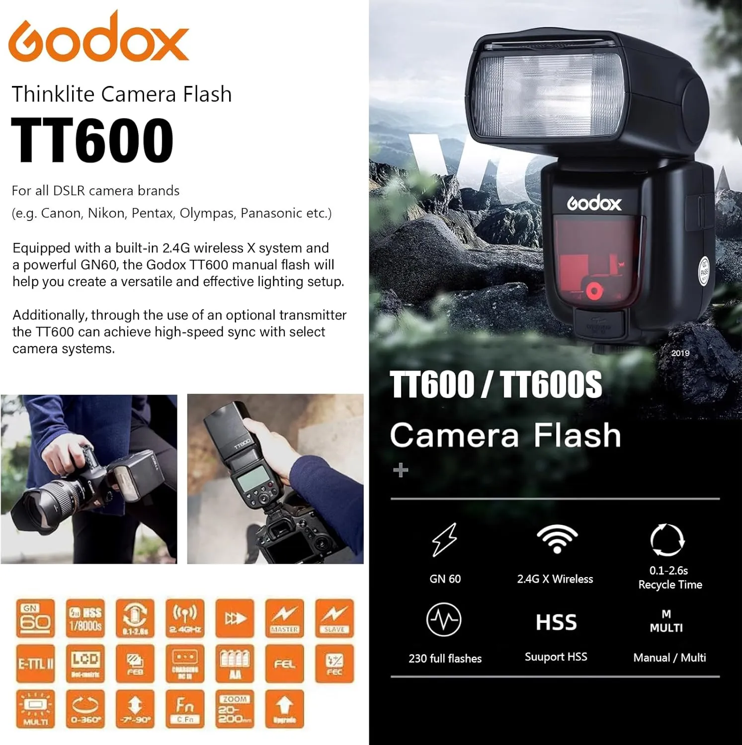 Godox TT600 2.4G Wireless Camera Flash Speedlite with Diffuser, Master/Slave GN60 Manual Flash, HSS when paired off camera with Godox X Trigger System for Canon Nikon Pentax Olympus Fujifilm Panasonic