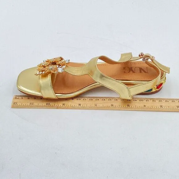 Gold Comfort Open Toe Rhinestone T-Strap Sandals Ankle Strap Low Heel Easy Shoes