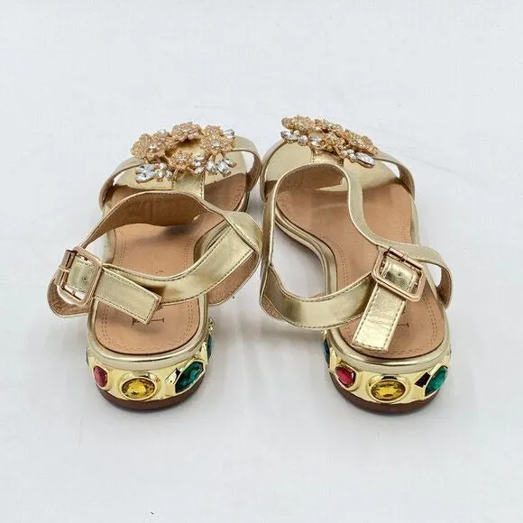 Gold Comfort Open Toe Rhinestone T-Strap Sandals Ankle Strap Low Heel Easy Shoes