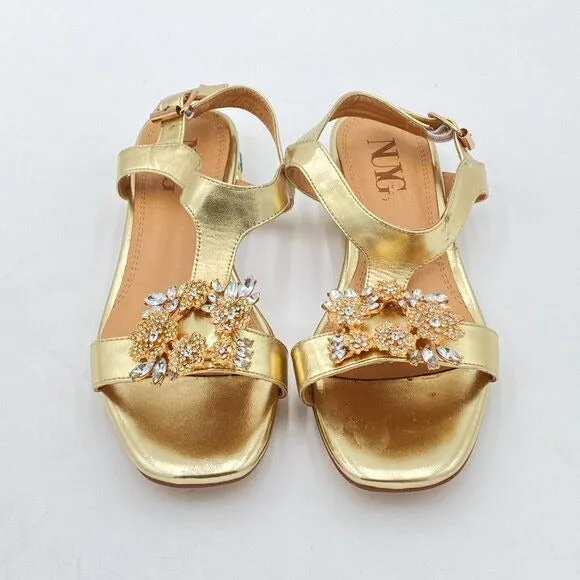 Gold Comfort Open Toe Rhinestone T-Strap Sandals Ankle Strap Low Heel Easy Shoes