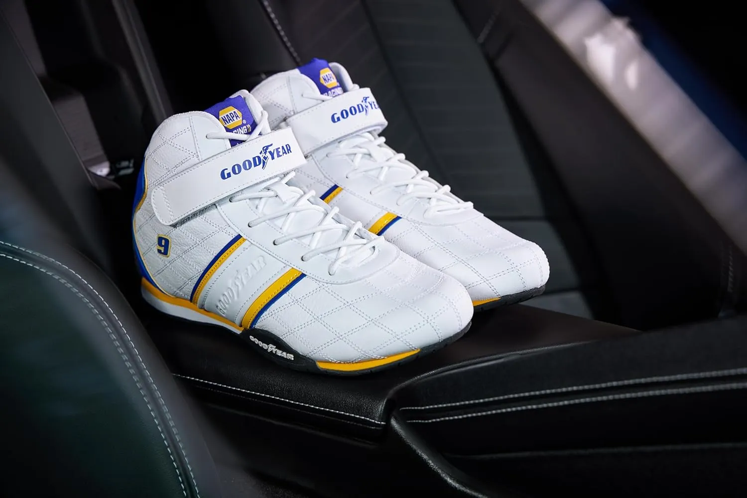 Goodyear Racing Mens Driving Sneakers Hendrick Motorsports Accelerate High Top Athletic Leather Racing Shoes for Adults Performance Footwear with Non-Slip EVA Rubber Soles