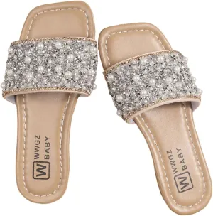 GORGLITTER Girl's Pearls Dress Flat Sandals Glitter Rhinestone Summer Open Toe Teens Slides