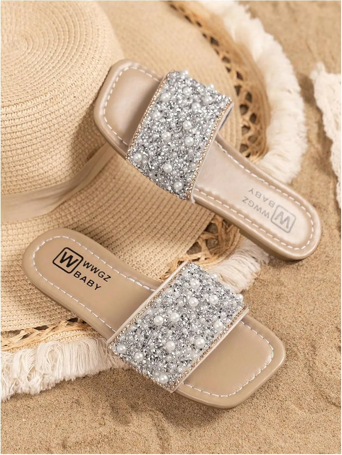 GORGLITTER Girl's Pearls Dress Flat Sandals Glitter Rhinestone Summer Open Toe Teens Slides