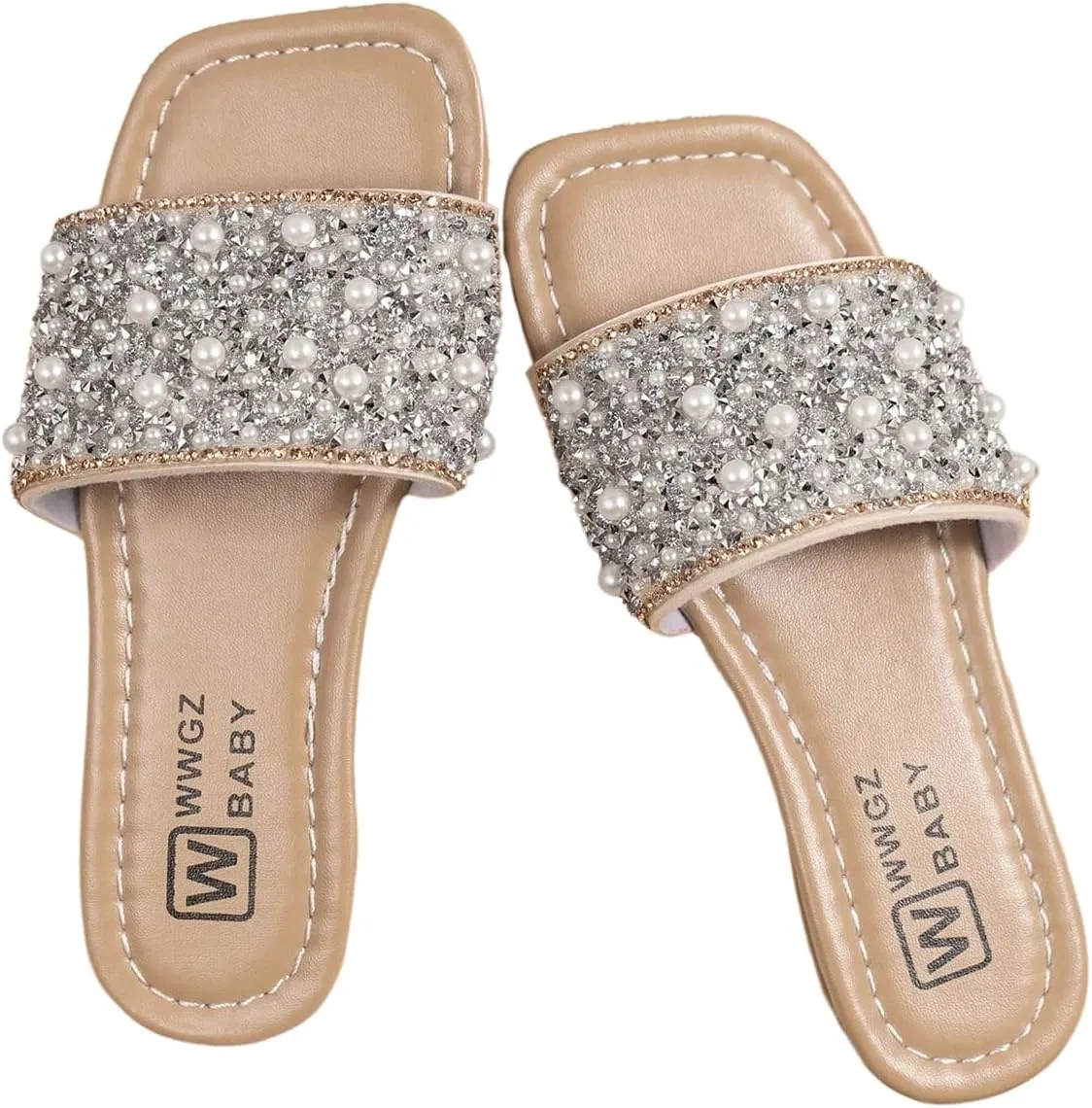 GORGLITTER Girl's Pearls Dress Flat Sandals Glitter Rhinestone Summer Open Toe Teens Slides
