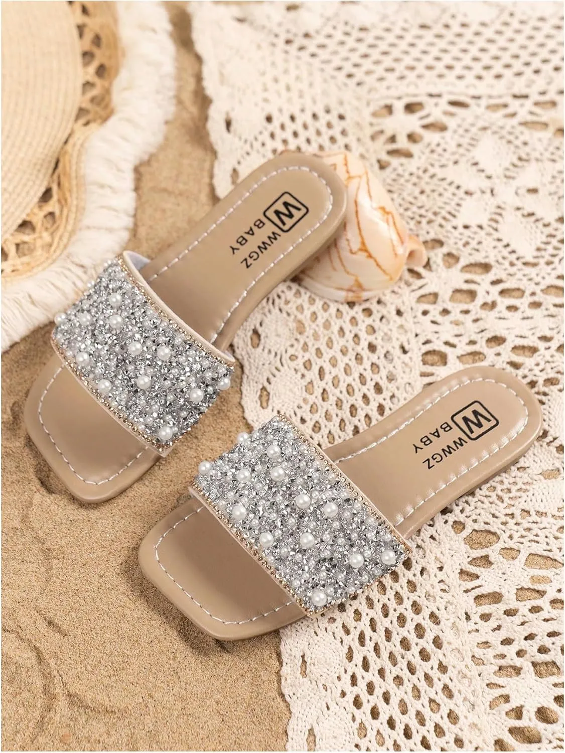 GORGLITTER Girl's Pearls Dress Flat Sandals Glitter Rhinestone Summer Open Toe Teens Slides