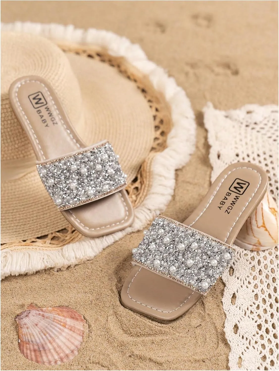GORGLITTER Girl's Pearls Dress Flat Sandals Glitter Rhinestone Summer Open Toe Teens Slides