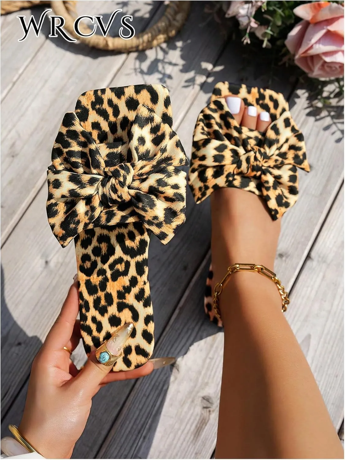 GORGLITTER Women's Bow Cute Trendy Sandals 2025 Graphic Print Dressy Open Square Toe Summer Slide Flat Sandals