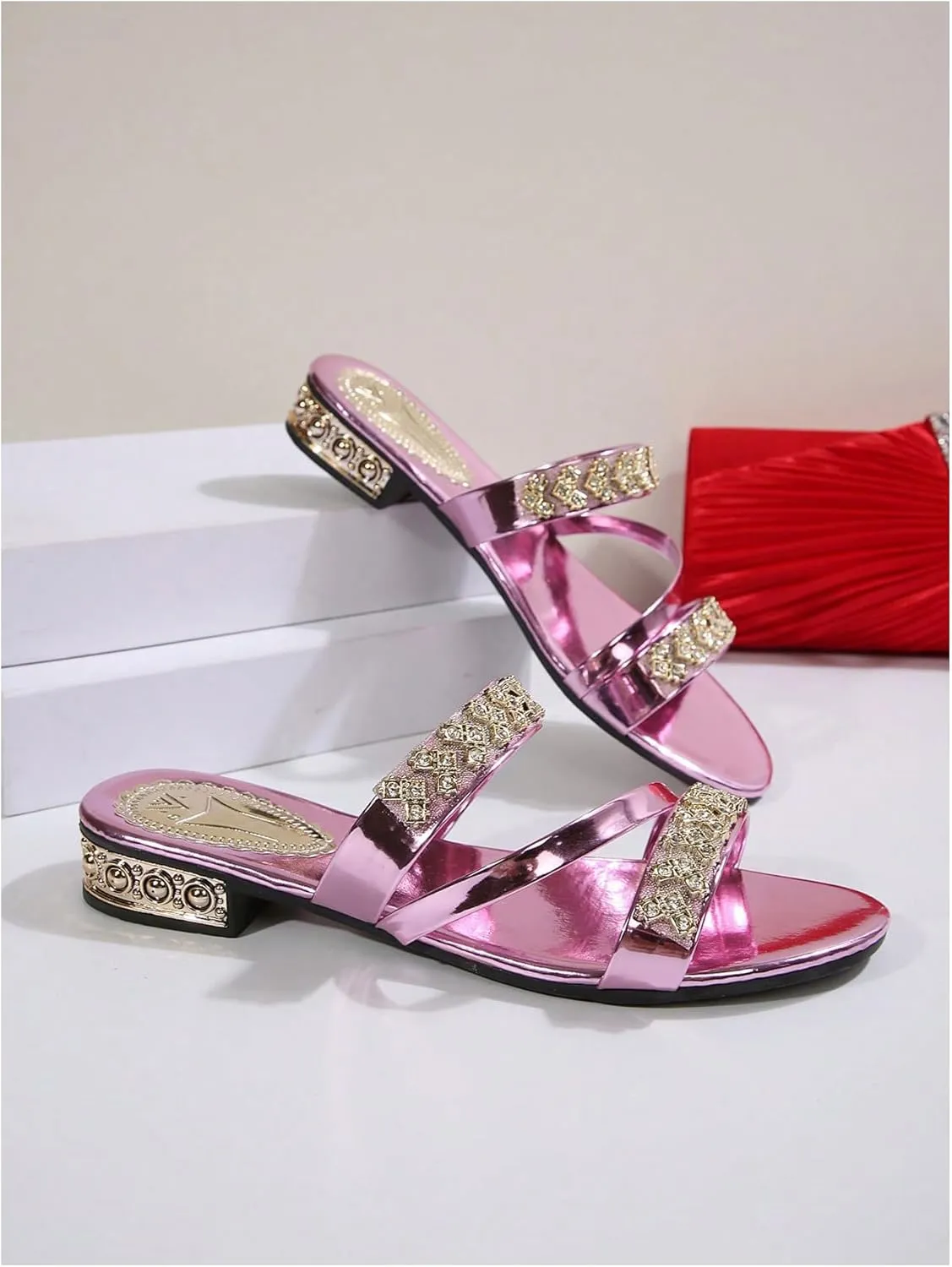 GORGLITTER Women's Gold Sandals Strappy Flat Sandals Summer Sparkly Sandals