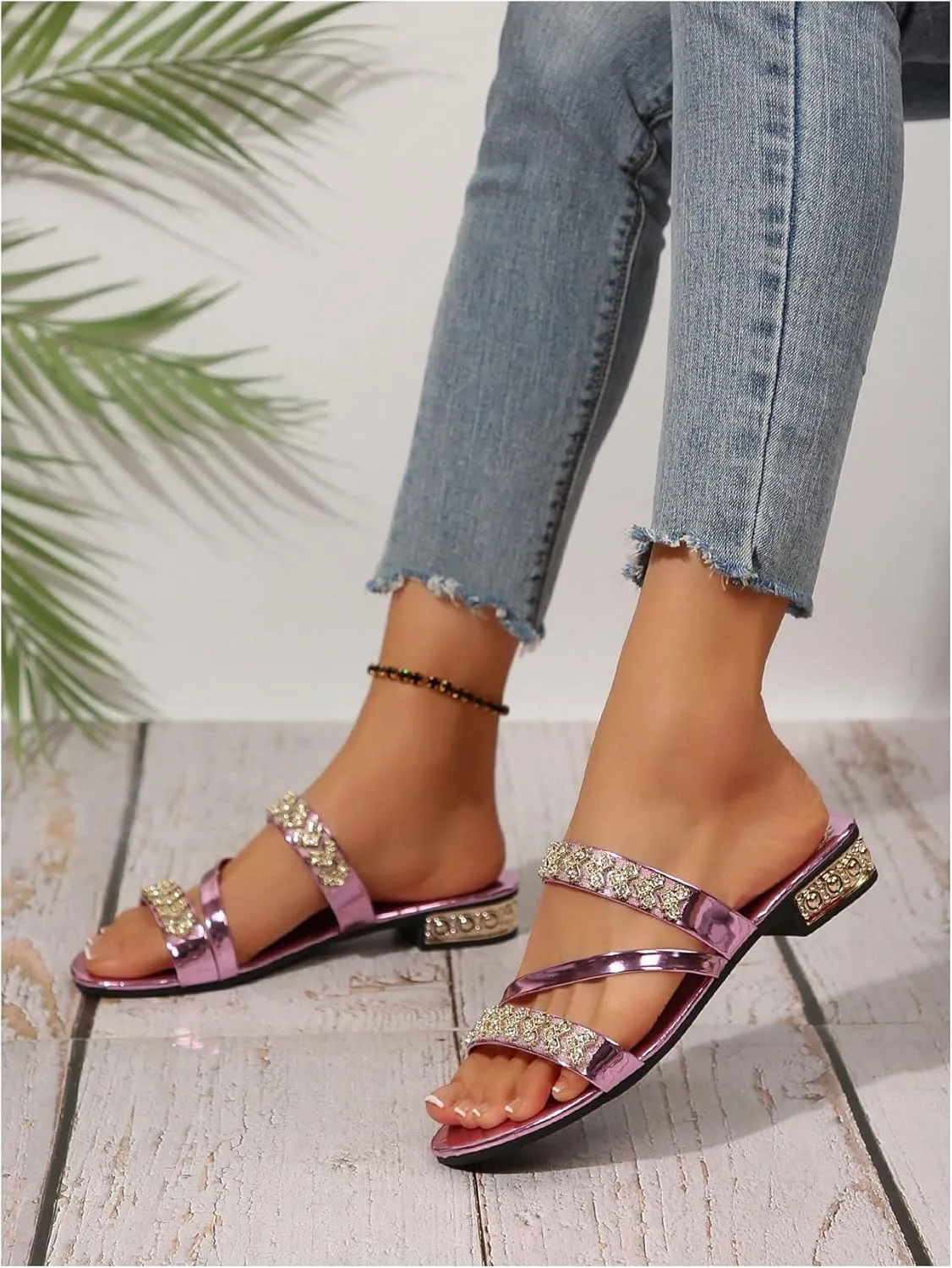 GORGLITTER Women's Gold Sandals Strappy Flat Sandals Summer Sparkly Sandals