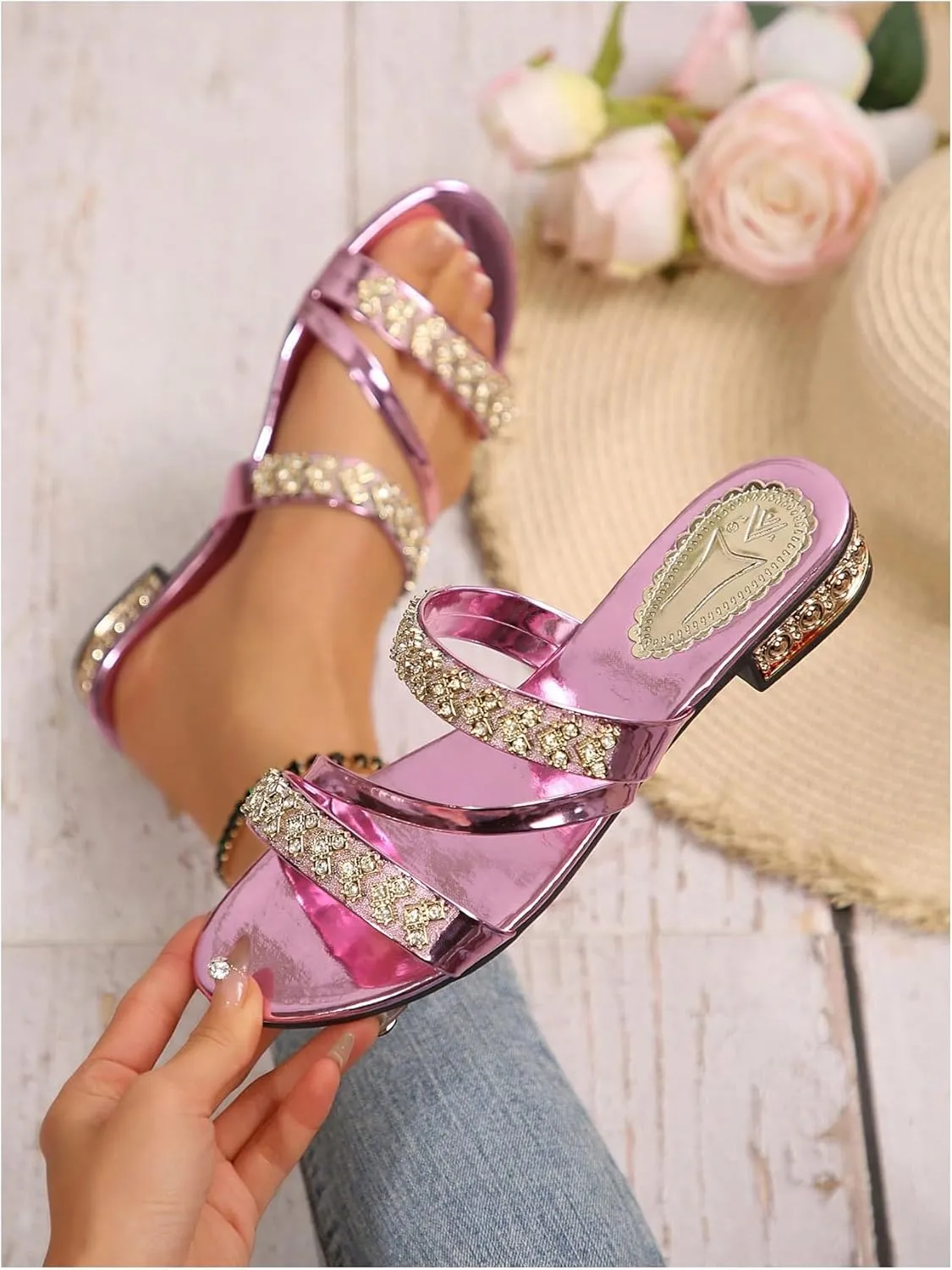 GORGLITTER Women's Gold Sandals Strappy Flat Sandals Summer Sparkly Sandals