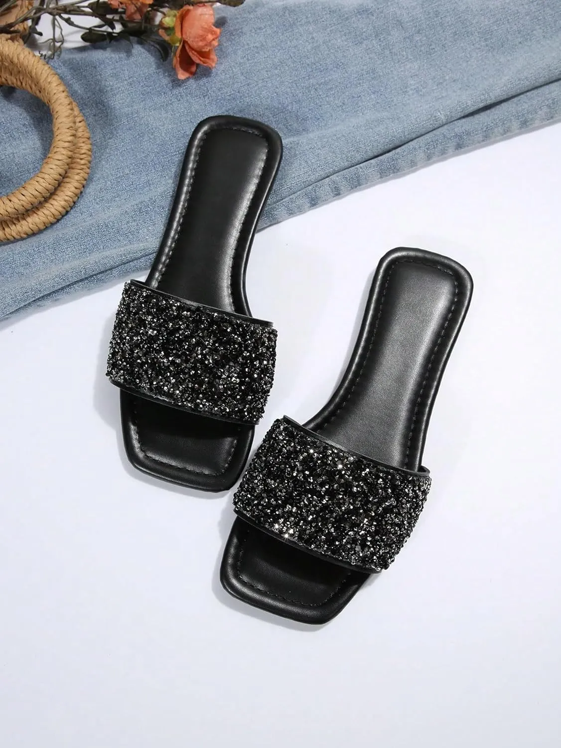 GORGLITTER Women's Rhinestone Sandals Glitter Strappy Sequin Shoes Square Toe Slide Flat Sandals
