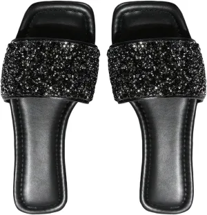 GORGLITTER Women's Rhinestone Sandals Glitter Strappy Sequin Shoes Square Toe Slide Flat Sandals