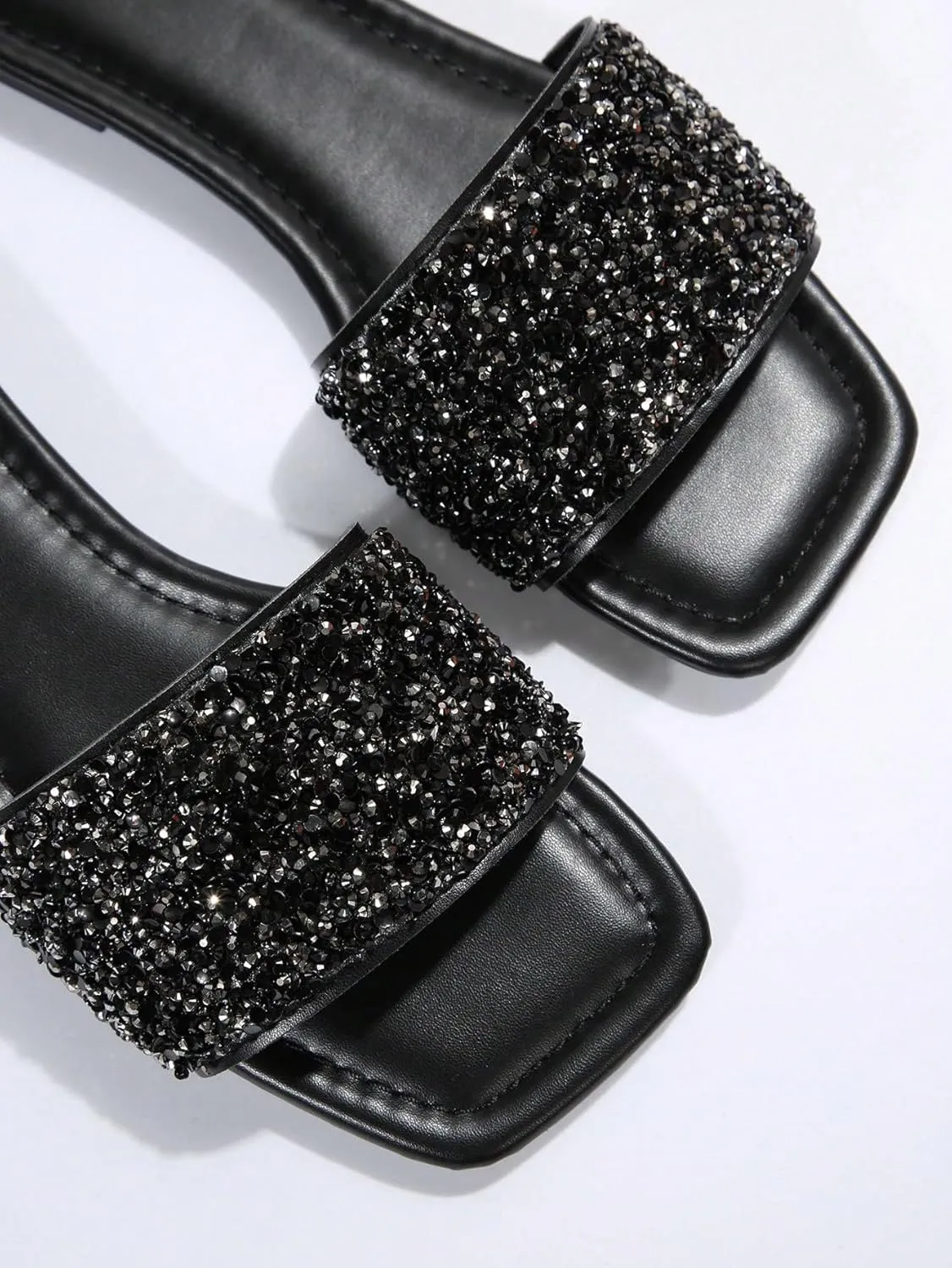 GORGLITTER Women's Rhinestone Sandals Glitter Strappy Sequin Shoes Square Toe Slide Flat Sandals
