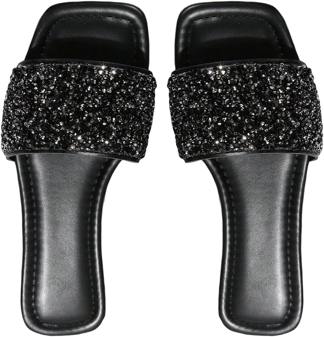 GORGLITTER Women's Rhinestone Sandals Glitter Strappy Sequin Shoes Square Toe Slide Flat Sandals